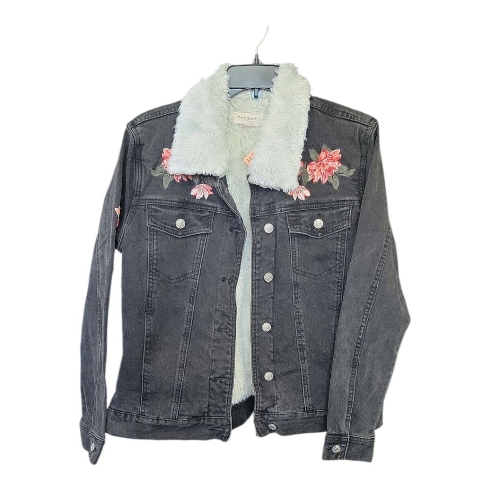 Pacsun Womens Sherpa Embroidered Floral Denim Jacket
